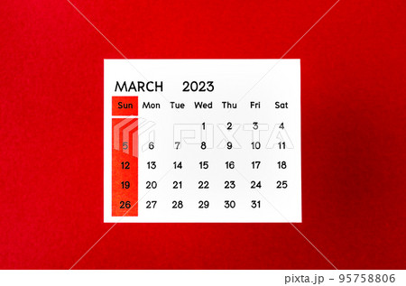 The March 2023 Monthly calendar for 2023 year on red background. 95758806