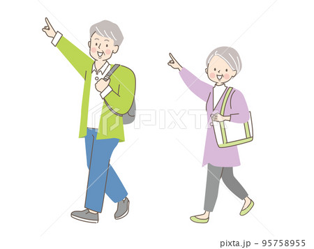 人差し指を立てて案内するシニア夫婦のベクターイラスト素材 95758955