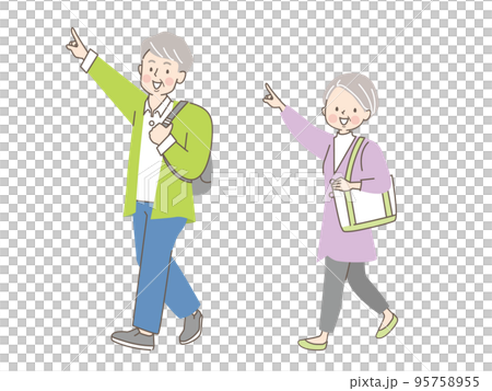 人差し指を立てて案内するシニア夫婦のベクターイラスト素材 95758955