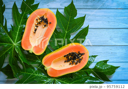 papaya fruits on blue backgroud, fresh ripe papaya slice cut in half tropical fruit with papaya seed and leaf leaves from papaya tree - top view 95759112
