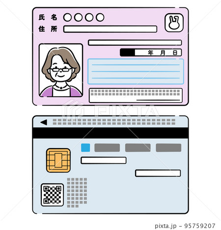 シニア女性のマイナンバーカード両面のイラストセット 95759207