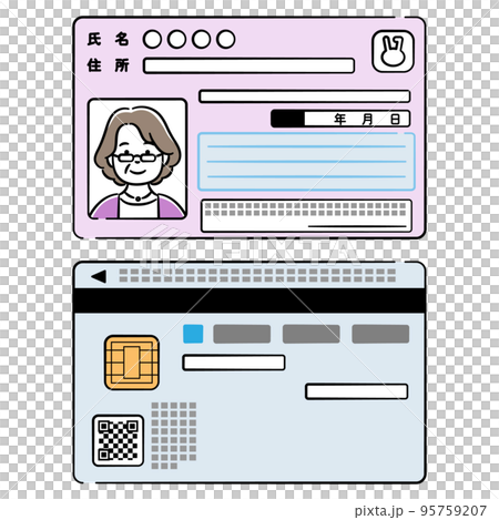 シニア女性のマイナンバーカード両面のイラストセット 95759207