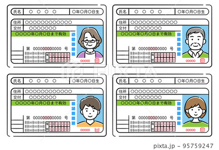 様々な年齢性別の運転免許証のイラストセットのイラスト素材