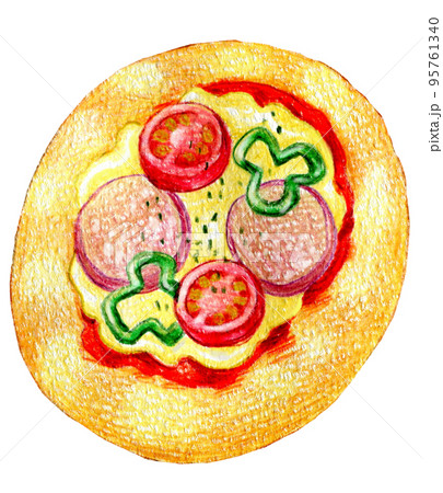 具だくさんのピザパンの色鉛筆画ワンポイントのイラスト素材 [95761340