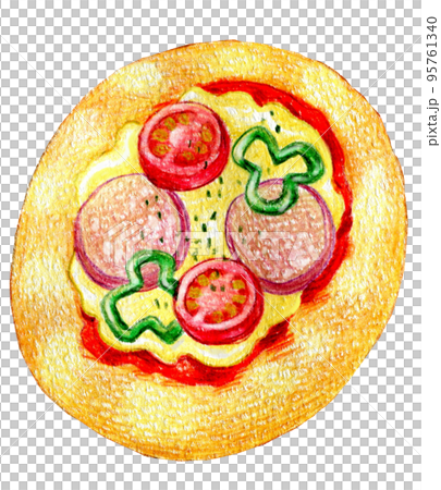 One point of colored pencil drawing of pizza bread with lots of ingredients One point of colored pencil drawing of pizza bread with lots of ingredients 95761340
