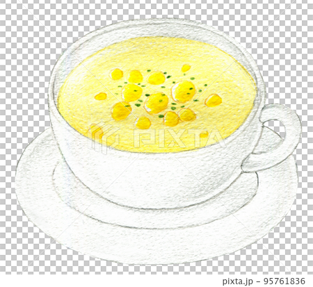 Colored pencil drawing of soup in a cup One point corn soup 95761836