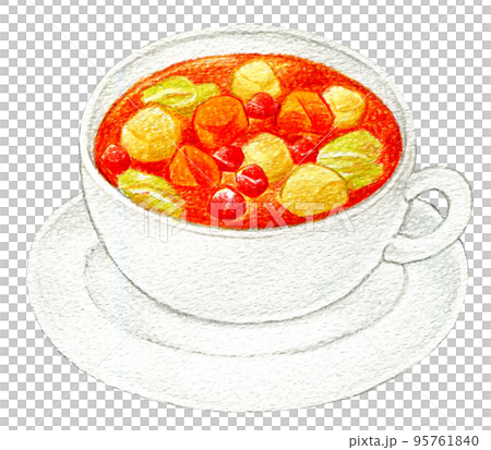 カップに入ったスープの色鉛筆画ワンポイント　ミネストローネ 95761840