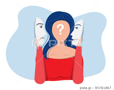 Imposter syndrome; masks with happy or sad expressions.Bipolar disorder; fake faces and emotions. Psychology; false behavior or deceiver.vector illustrator 95761867