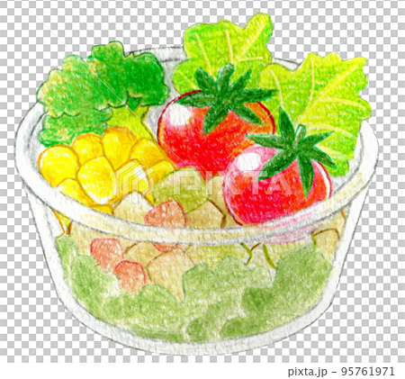 ファーストフード　サイドメニューのサラダの色鉛筆画ワンポイント 95761971
