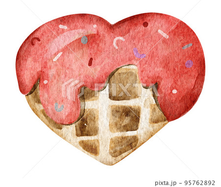 Waffles with strawberries glaze and sprinkles. Watercolor illustration. 95762892