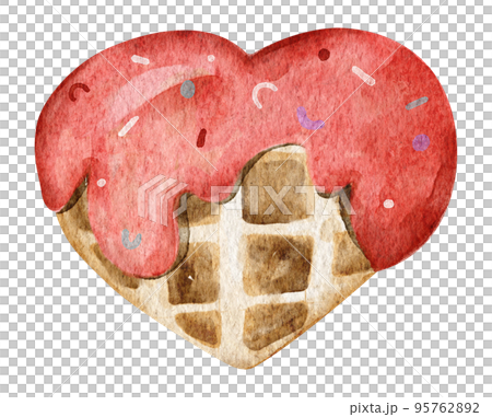 Waffles with strawberries glaze and sprinkles. Watercolor illustration. 95762892