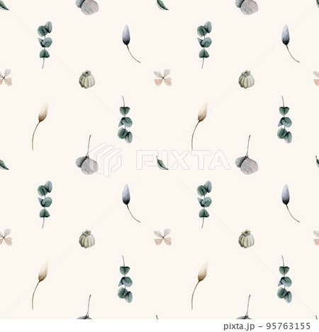 Foliage seamless pattern, eucalyptus branches with dried flowers, poppy seed-heads and herbs on light beige background in vintage watercolor style for wallpapers, fabrics, textiles Foliage seamless pattern, eucalyptus branches with dried flowers, poppy seed-heads and herbs on light beige background in vintage watercolor style for wallpapers, fabrics, textiles 95763155