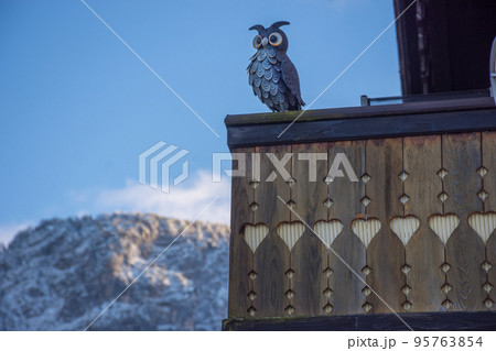 Decorative owl on the balcony of a beautiful house in Hallstatt, a charming village on the Hallstattersee lake and a famous tourist attraction, in Salzkammergut region, Austria. Decorative owl on the balcony of a beautiful house in Hallstatt, a charming village on the Hallstattersee lake and a famous tourist attraction, in Salzkammergut region, Austria. 95763854