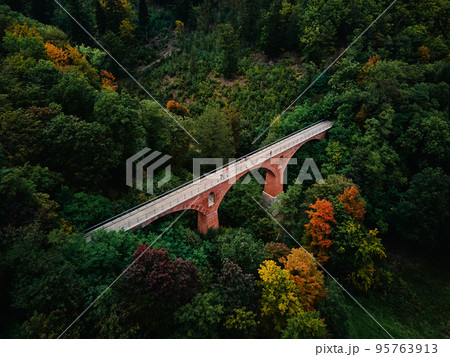 Railway viaduct in Srebrna gora at autumn season. Poland landmark for tourists. Beautiful nature landscape 95763913