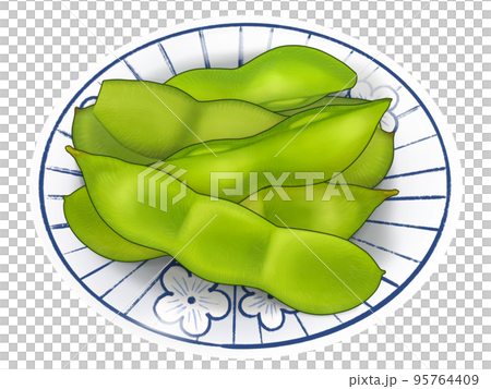 A hand-drawn illustration of a realistic taste of edamame snacks served on a small plate with a Japanese pattern A hand-drawn illustration of a realistic taste of edamame snacks served on a small plate with a Japanese pattern 95764409
