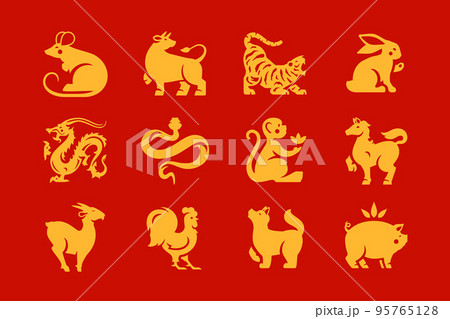 Chinese New Year Asian holiday animal characters monochrome icon set vector flat illustration 95765128