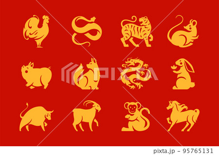 China New Year Asian horoscope animals golden symbols icon set vector flat illustration 95765131