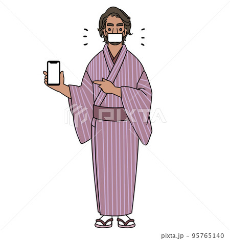 スマホを操作する着物着た男性　マスクあり 95765140