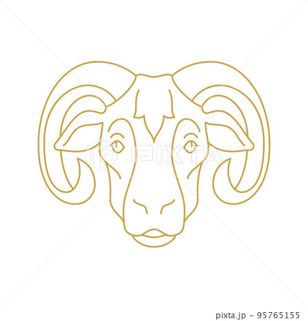Goat muzzle with curved horns monochrome golden line icon vector illustration. Sheep ram head 95765155