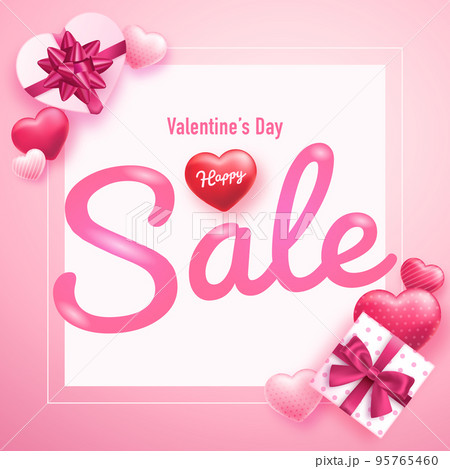 ハートとプレゼントボックスのバレンタインデーのイラスト背景(セール,バナー,プロモーション) 95765460
