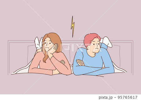 Stubborn couple in bed avoid talking  95765617