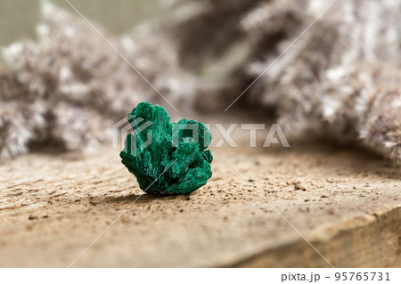 Raw Uncut Malachite Mineral Gem Stone on Wood Raw Uncut Malachite Mineral Gem Stone on Wood 95765731