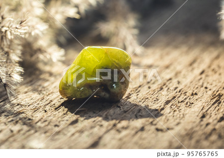 Green Grossular Tumbled Stone Mineral Specimen on Wood Green Grossular Tumbled Stone Mineral Specimen on Wood 95765765