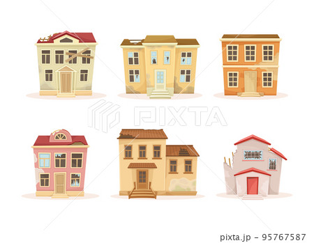 Set of abandoned houses facades with broken windows and doors boarded up. Old ruined suburban cottages vector illustration 95767587