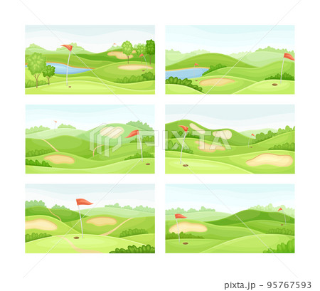 Golf courses set. Green summer course with holes, sand traps and flags vector illustration 95767593