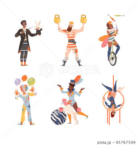 Circus artists performing at show set. Magician, strongman, clown, acrobat doing tricks vector illustration 95767599