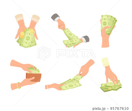 Hand holding money set. Human hands with cash money, credit card and golden coins vector illustration 95767610