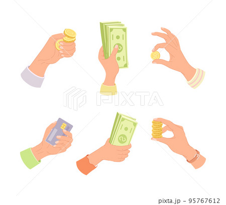 Hand holding money set. Human hands with cash money, credit card and golden coins vector illustration 95767612