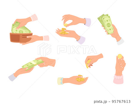 Hand holding money set. Human hands with cash money and golden coins, wallet full of banknotes vector illustration 95767613