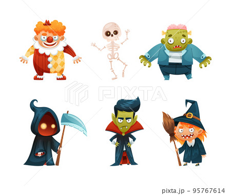 Set of Halloween characters. Clown, skeleton, reaper, vampire, witch vector illustration 95767614
