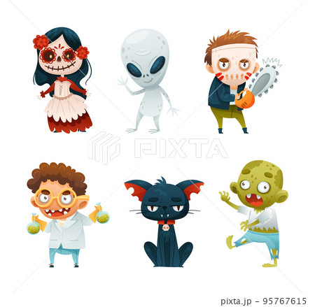 Set of Halloween characters. Ghost, zombie, cat, Frankenstein vector illustration 95767615