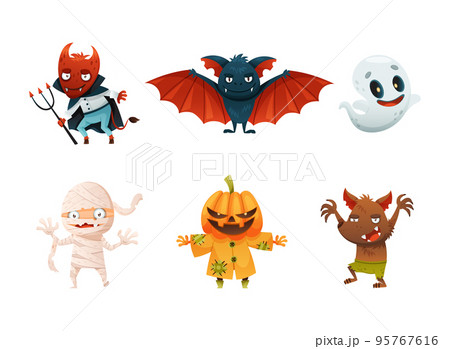 Set of Halloween characters. Devil, bat, ghost, zombie, mummy, pumpkin vector illustration 95767616