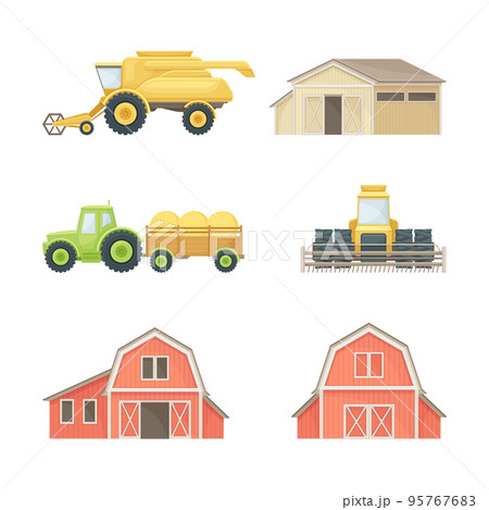 Farm objects set. Barn, farmhouse, harvester, tractor. Farming and agriculture vector illustration Farm objects set. Barn, farmhouse, harvester, tractor. Farming and agriculture vector illustration 95767683