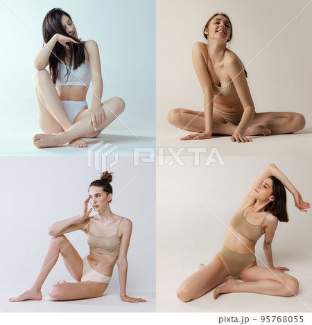 Collage. Full-length portraits of young beautiful women with slim body in cotton underwear posing over grey background. 95768055