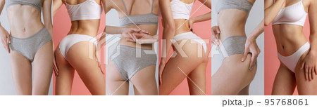 Collage. Cropped images of female bodies, bodies, buttocks, legs over grey pink background Collage. Cropped images of female bodies, bodies, buttocks, legs over grey pink background 95768061