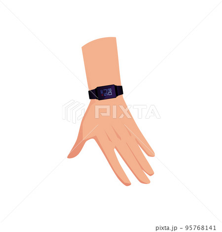 Hand with smartwatch or fitness bracelet, flat vector illustration isolated on white background. Hand with smartwatch or fitness bracelet, flat vector illustration isolated on white background. 95768141