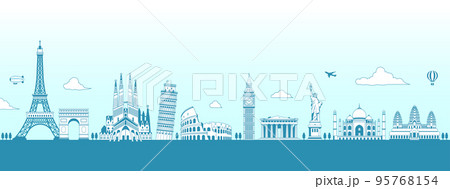 世界の有名な建築物・世界遺産・ランドマーク 横並び風景イラスト 世界の有名な建築物・世界遺産・ランドマーク 横並び風景イラスト 95768154