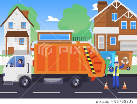 Workers of garbage removal services and garbage truck, flat vector illustration. 95768238