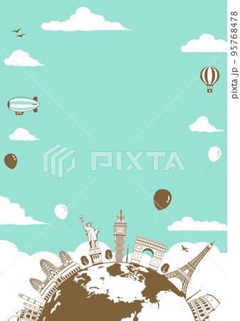海外旅行 バカンス イメージイラスト 縦ポスター 世界の有名な建築物 世界遺産 のイラスト素材