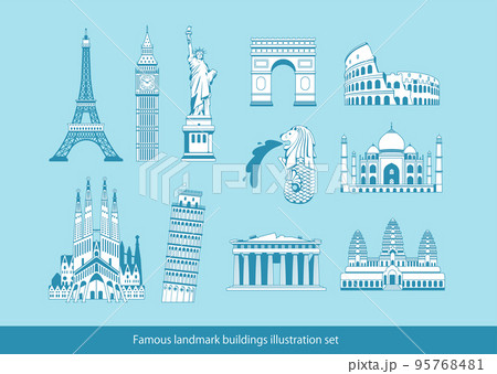 世界の有名な建築物（遺跡・建物・世界遺産・ランドマーク）線画イラストセット 95768481
