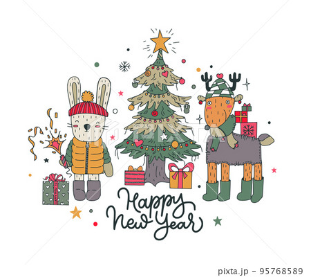 Christmas card with hand drawn funny animals, snowflakes and holiday handwritten lettering 95768589