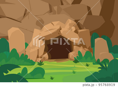 Background with entrance to stone cave or coal mine flat vector illustration. 95768919