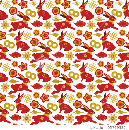 Happy Chinese New Year seamless pattern, year of the black rabbit 2023 endless texture, background. 95769522