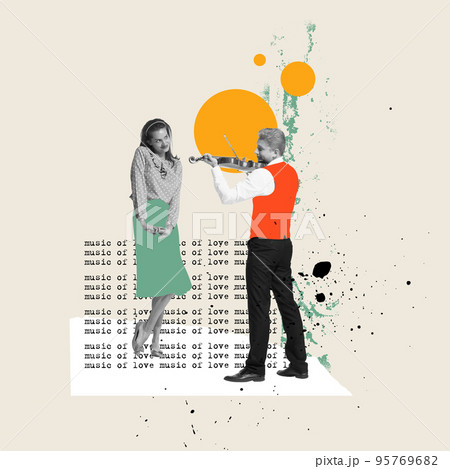 Music of love. Young couple in love stranding on abstract background with text. Bright contemporary art collage or design. Art, fashion and music. Ideas, relationship, vintage, retro style Music of love. Young couple in love stranding on abstract background with text. Bright contemporary art collage or design. Art, fashion and music. Ideas, relationship, vintage, retro style 95769682