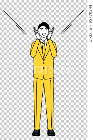 A simple line drawing illustration of a businessman in a suit who puts his hand on his mouth and calls 95770244