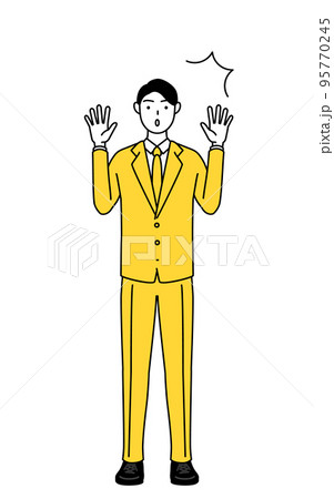 驚いて手を上げるスーツ姿のビジネスマンのシンプルな線画イラスト 95770245